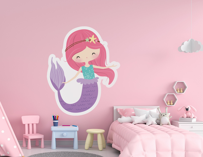 Pink and purple mermaid home wall decal on a pink nursery wall