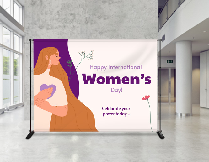 Happy International Women’s Day poster portraying a motivational quote and an illustration