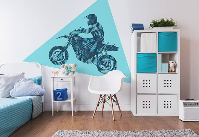 Cool boys bedroom wall idea with a motorcyclist silhouette print