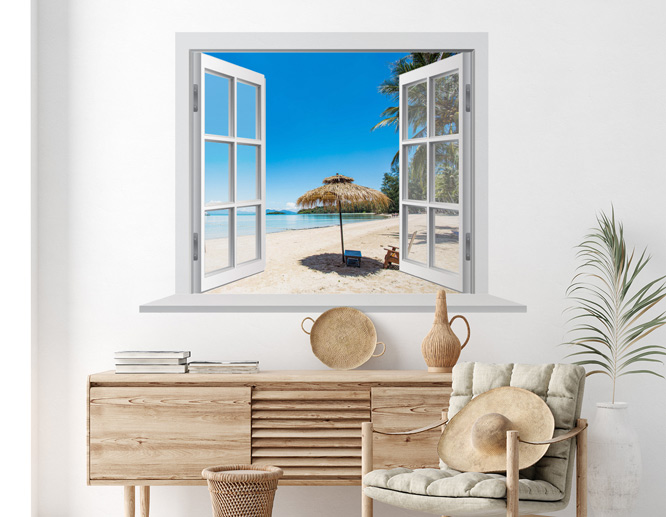Out-of-the-window beach scene home wall decal