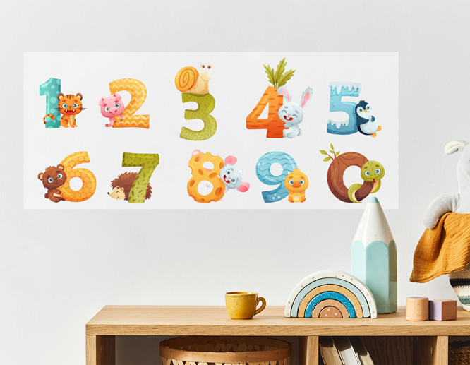 A rectangle shaped numeric nursery wall decal with animal graphics
