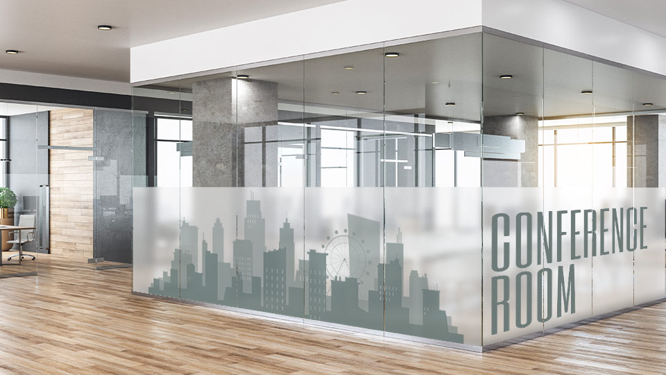 Frosted window adhesives for workplace with city landscapes
