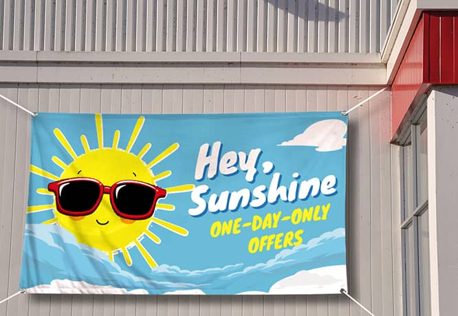 First-day-of-summer sale banner with funny sun graphicsFirst-day-of-summer sale banner with funny sun graphics