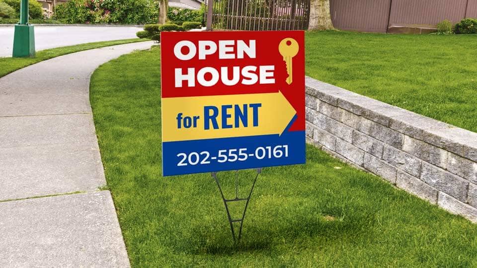 Square open house sign with colorful graphics and a spider stake