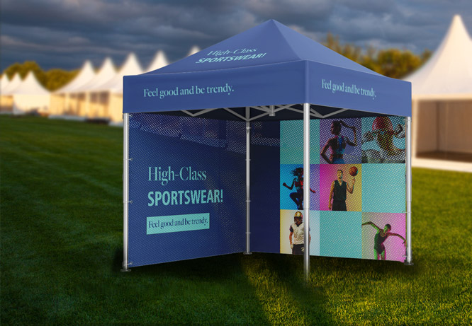 Outdoor convention promotional product portraying sportswear and pictures of athletes
