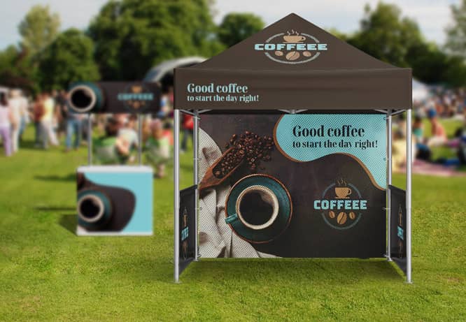 Expo banner design for outdoor booth displaying coffee cup and coffee beans