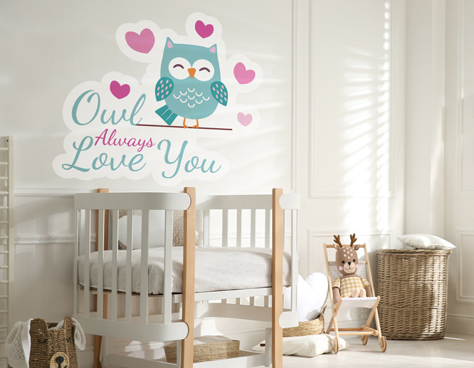 "Owl Always Love You" nursery wall decal with an owl graphic and pink hearts