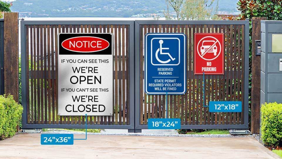 Reflective aluminum signs in three popular sizes attached to a fence