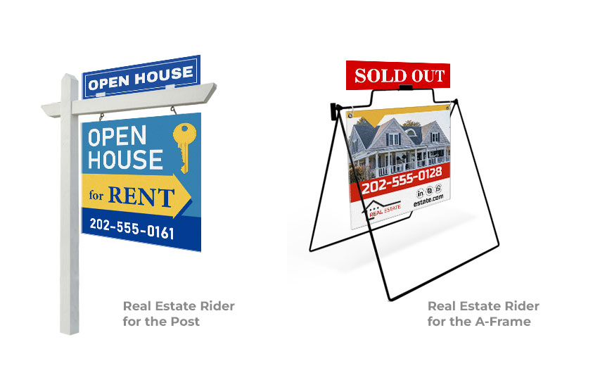 2 real estate riders placed above a real estate post and an A-frame