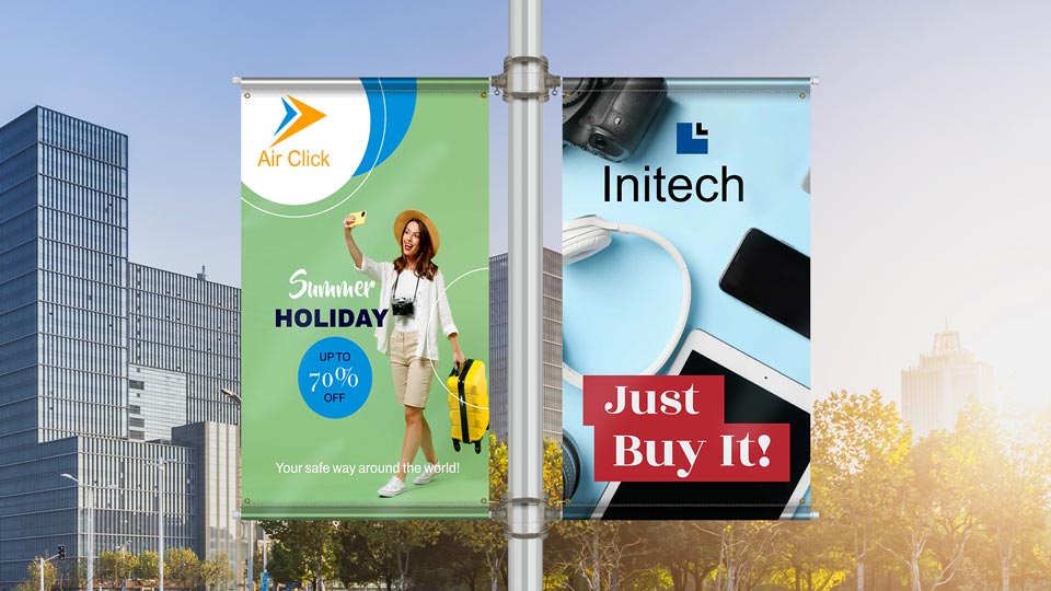 Large pole banners showing promotional content with vivid imagery
