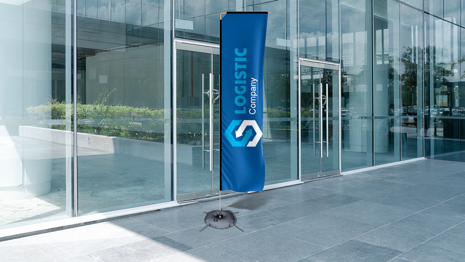 Logistic Company rectangle flag banner with a blue logo installed outdoors