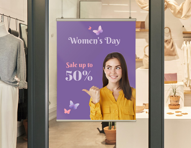 Promotional Women’s Day poster in purple showcasing an announcement for up to 50% discount