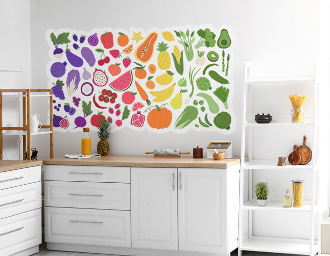 Rainbow colored positive wall art with illustrations of fruits and vegetables