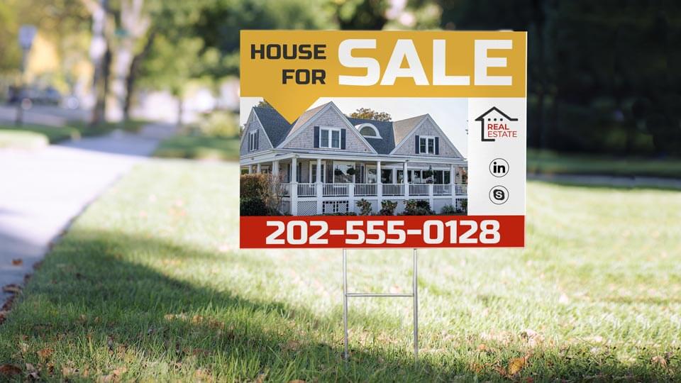 Rectangle real estate for sale sign with large graphics