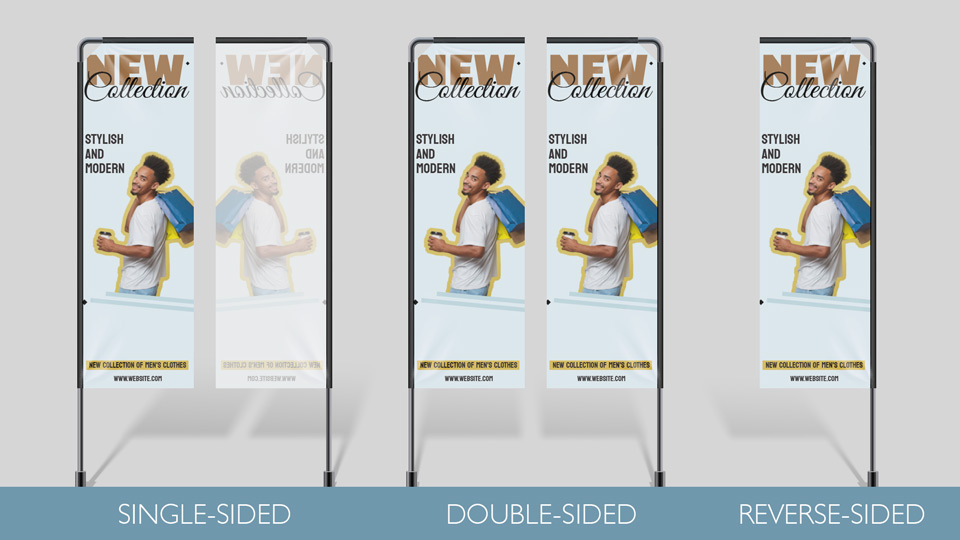 Promotional rectangle flag banners in single-sided, double-sided and reverse-sided options
