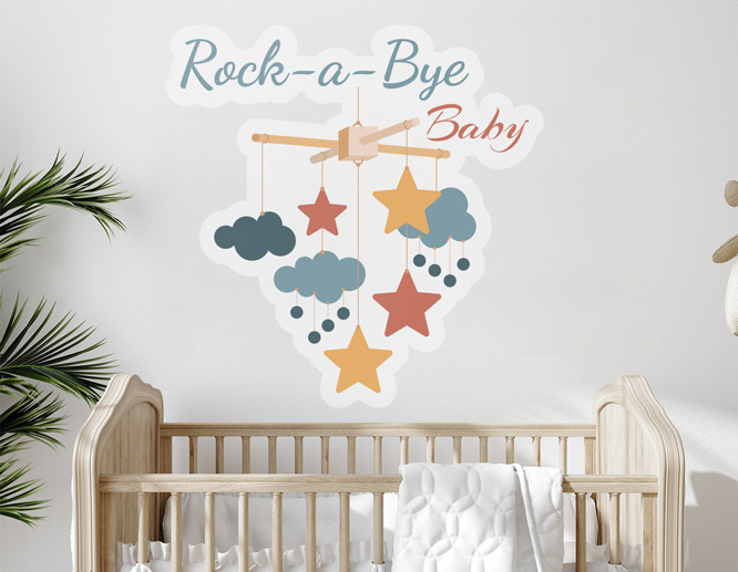 A crib mobile nursery wall decal with rotating stars, clouds and a "Rock-a-Bye" text