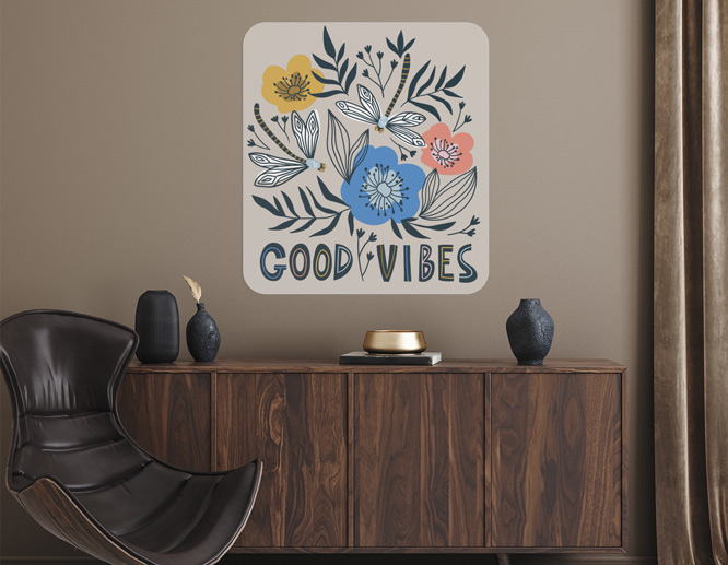 Rounded-corner home wall decal with flower graphics and a text "Good vibes"