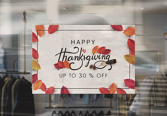 Up to 30% Thanksgiving sale sign decorated with fall leaves