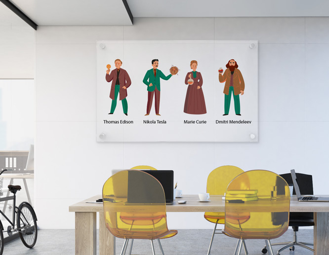 Colorful positive wall art with illustrations of famous inventions