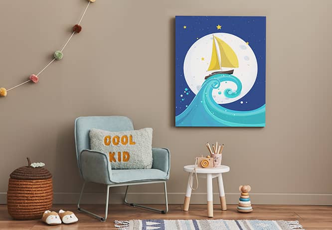 Kids room wall idea with a sea view design printed on a wooden board