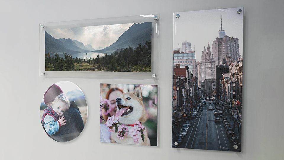 Acrylic photo prints in different shapes mounted on a wall