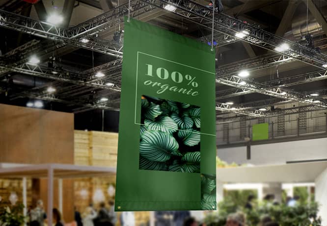 Minimalistic promotional trade show banner design in green with a 100% Organic note