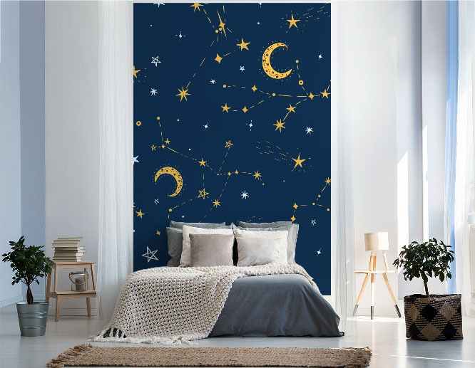 Sky-themed large wall art design in dark blue with constellations