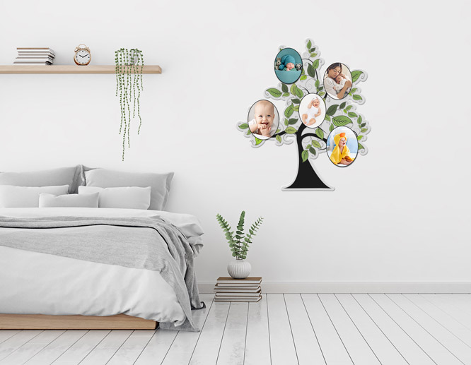 Small family tree graphics designed with framed child’s photos applied to the bedroom walls