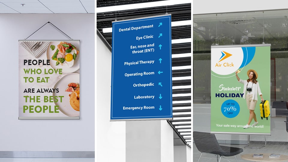 Custom snap hanging posters for sales, wayfinding and decorations