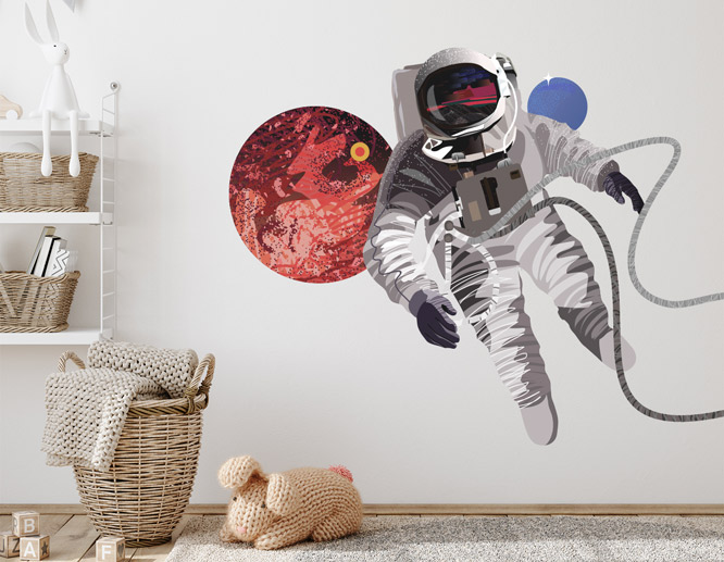 A teenage bedroom wall decal with space objects