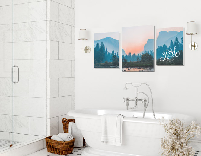 nature-themed modern wall art decor in a split style featured on a bathroom wall
