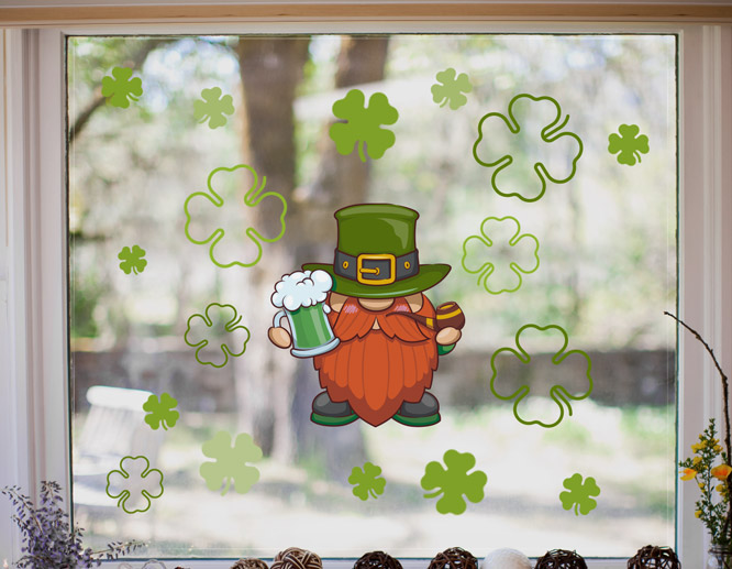 Green St Patricks Day decal illustrating a leprechaun and clovers on the window