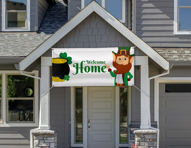 Welcoming St Patrick's Day porch sign in white put up across the house front door