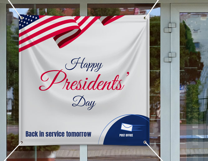 Patriotic closed for Presidents' Day sign showcasing American flag and notes