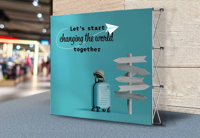 Large expo promotional item in blue-green designed with a quote and visual elements