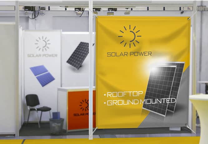 Trade show graphics with solar panels and lettering advertising solar power options