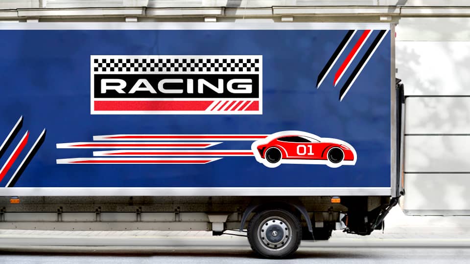 colorful racing trailer graphics on a blue background