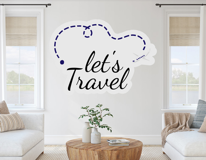 "Let's travel" home wall graphics between two inside windows in the living room