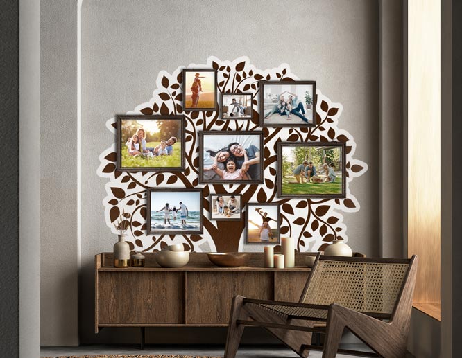 Tree crown-shaped family tree wall decal in brown decorated with framed photos