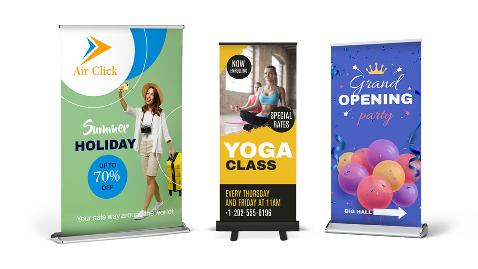 Standard, deluxe and premium retractable banners with advertising graphics
