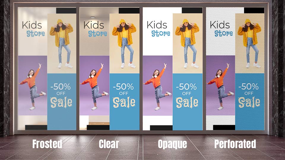 Four types of window decals with colorful imagery for kids stores