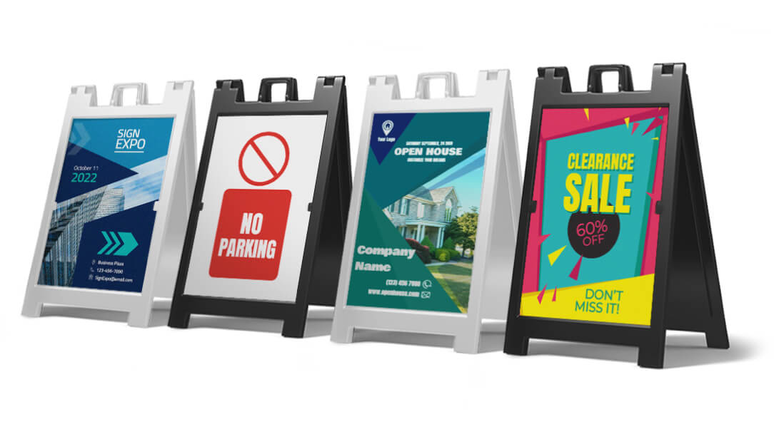 Sandwich board signs with different printed graphics for various uses