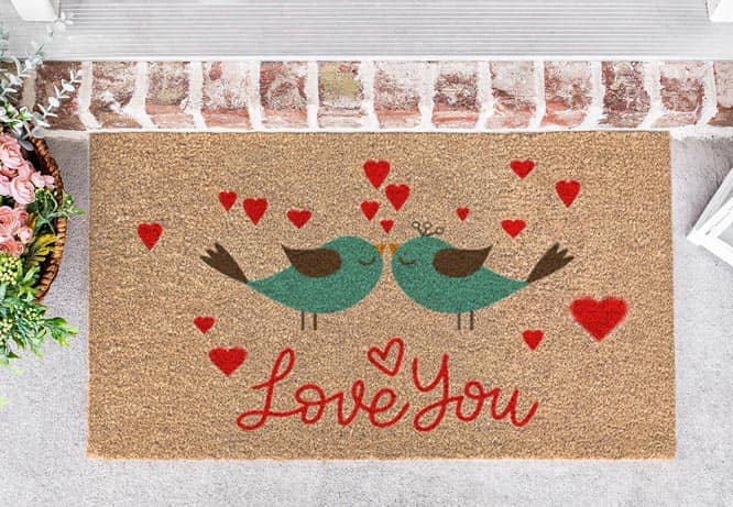 Valentine's Day doormat with birds and red hearts