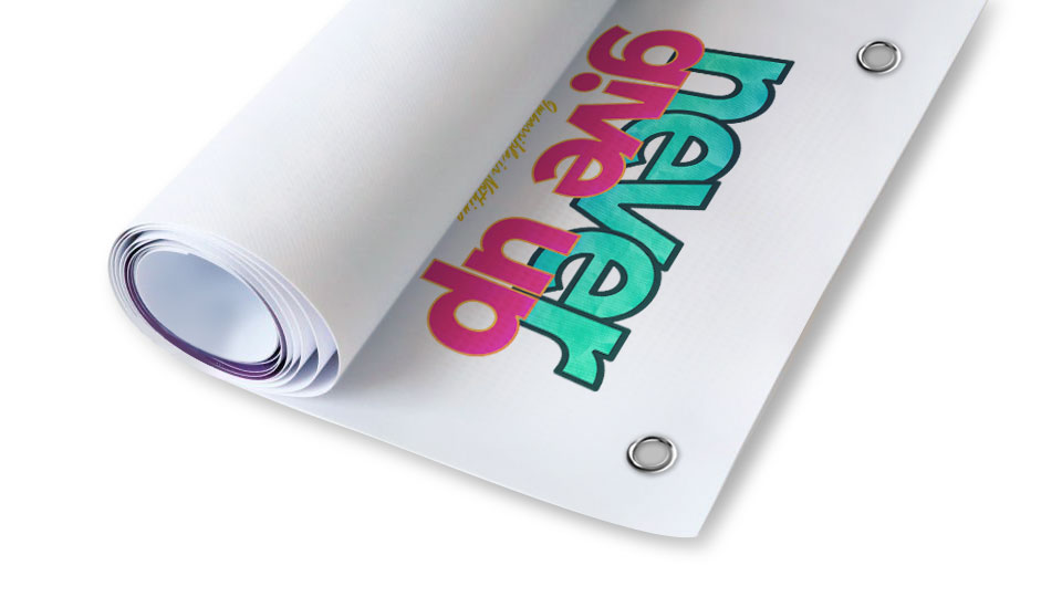 Vinyl banner roll with blue and pink printing