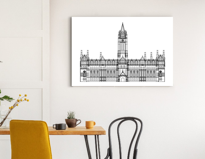 Black and white custom wall art with illustrations of plain architectural sketches