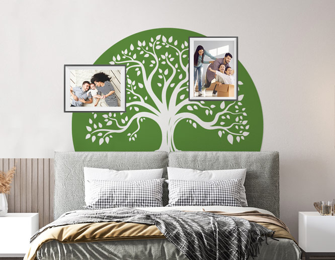 Family tree graphics in white adhered to the bedroom wall as a headboard