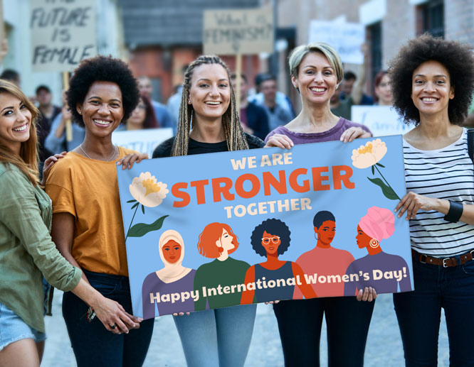 Colorful Women's Day poster for the holiday march displaying a motivational quote