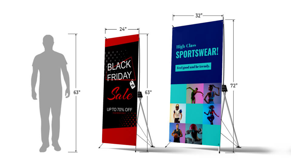 different size options of x-stand banners with graphics