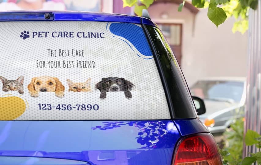 Pet care clinic perforated car window decal