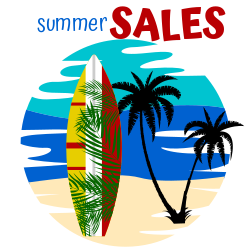 Tropical Summer Sales | Palm Trees, a Surfboard and Sea